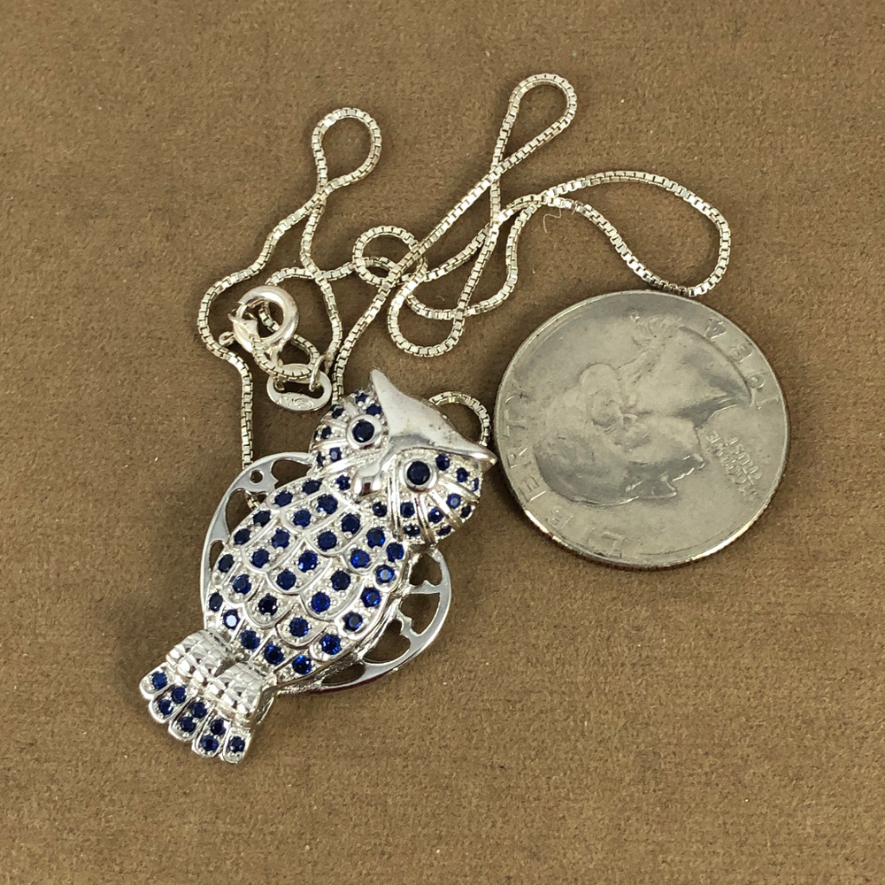 Owl 925 Silver Blue Sapphires Pendant 16 necklace - Picture 3 of 4